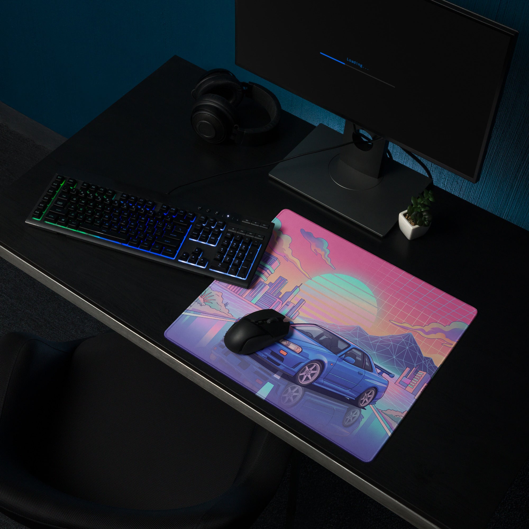 Nissan Skyline GT-R R34 Inspired Blue Pink Vaporwave Gaming Mouse Pad, Neon JDM Sports Car Desk Mat with Retro Futuristic City Sunset Artwork