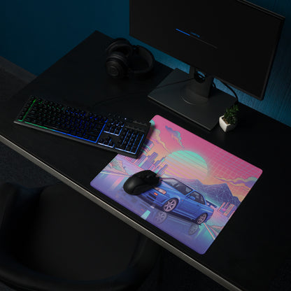 Nissan Skyline GT-R R34 Inspired Blue Pink Vaporwave Gaming Mouse Pad, Neon JDM Sports Car Desk Mat with Retro Futuristic City Sunset Artwork