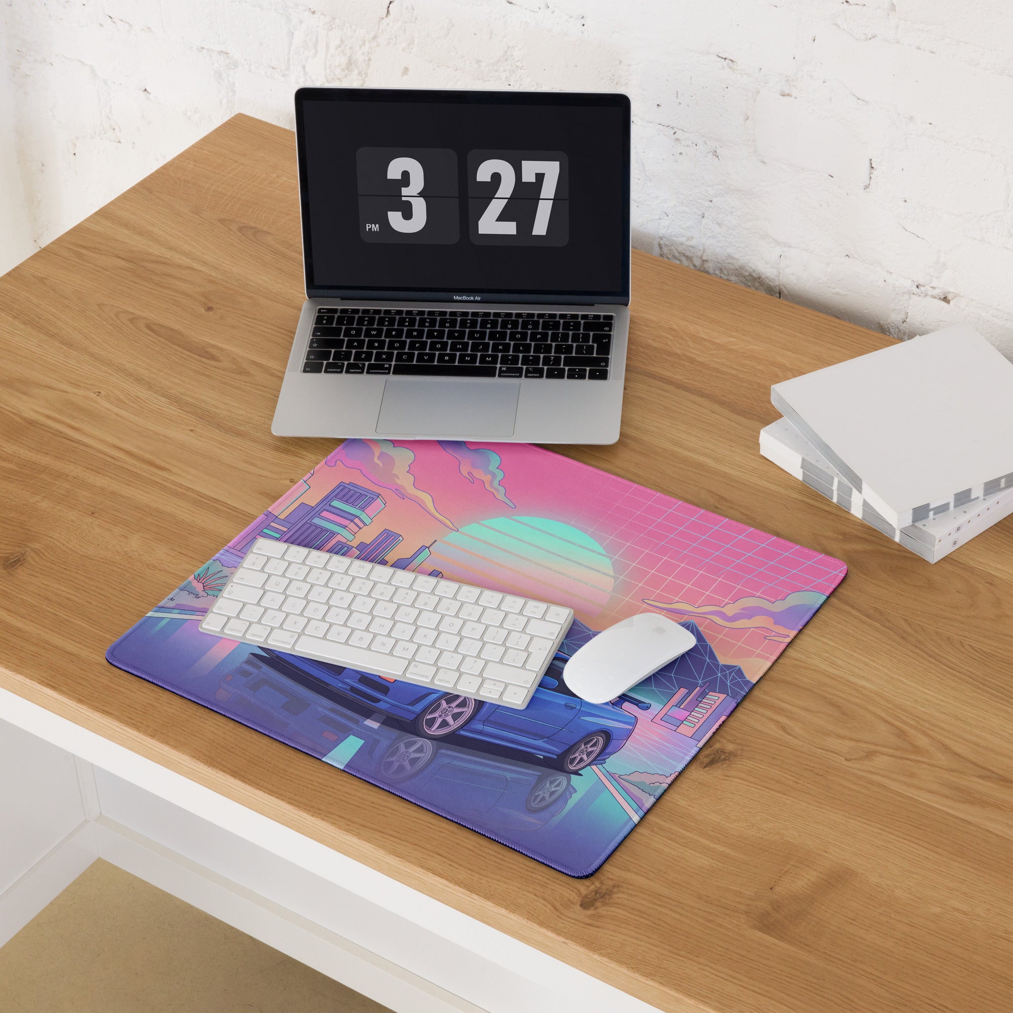 Nissan Skyline GT-R R34 Inspired Blue Pink Vaporwave Gaming Mouse Pad, Neon JDM Sports Car Desk Mat with Retro Futuristic City Sunset Artwork