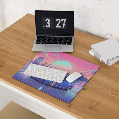Nissan Skyline GT-R R34 Inspired Blue Pink Vaporwave Gaming Mouse Pad, Neon JDM Sports Car Desk Mat with Retro Futuristic City Sunset Artwork