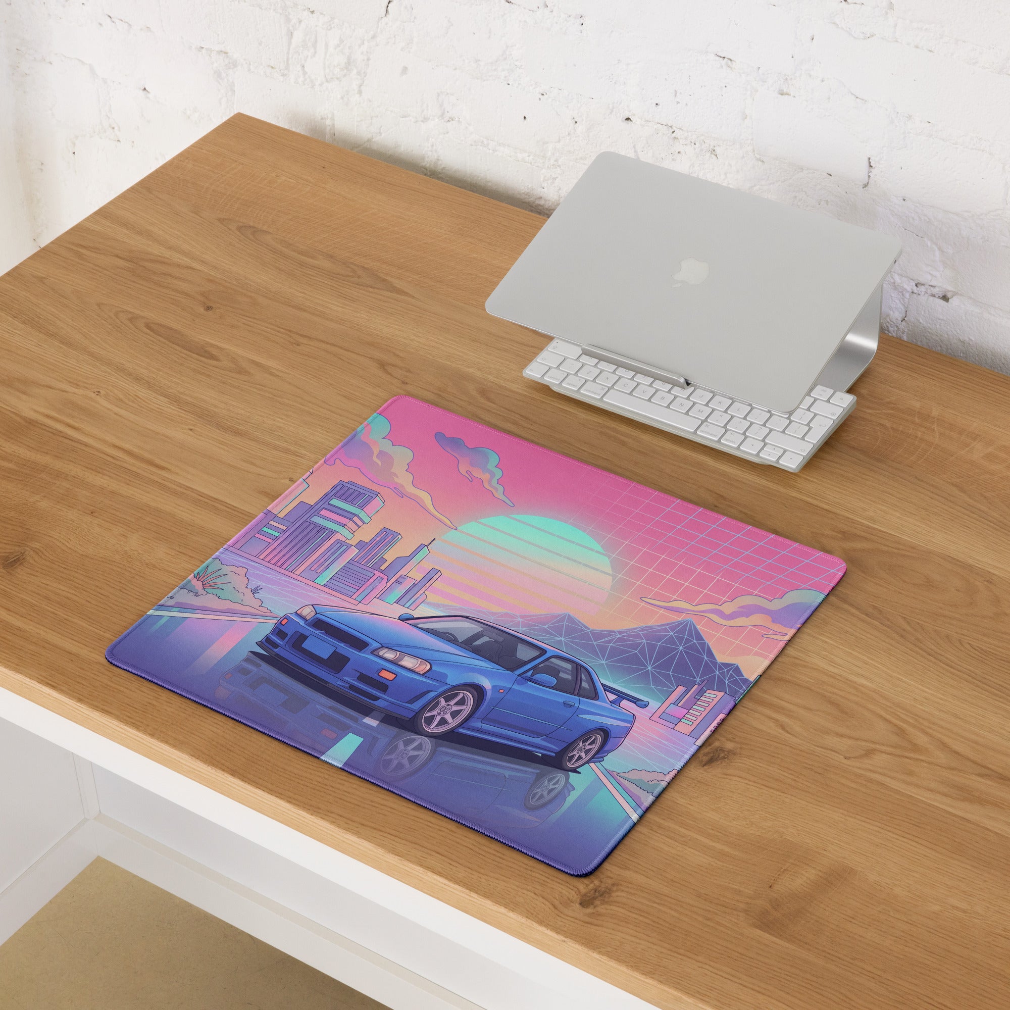 Nissan Skyline GT-R R34 Inspired Blue Pink Vaporwave Gaming Mouse Pad, Neon JDM Sports Car Desk Mat with Retro Futuristic City Sunset Artwork