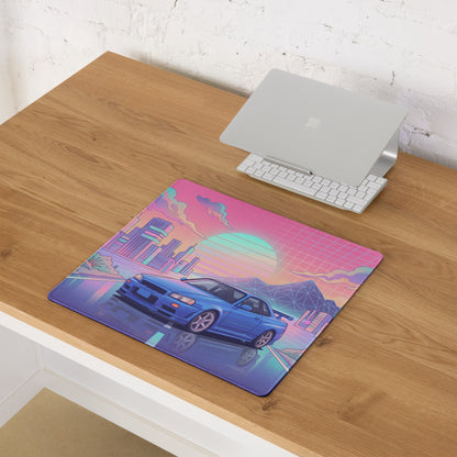 Nissan Skyline GT-R R34 Inspired Blue Pink Vaporwave Gaming Mouse Pad, Neon JDM Sports Car Desk Mat with Retro Futuristic City Sunset Artwork
