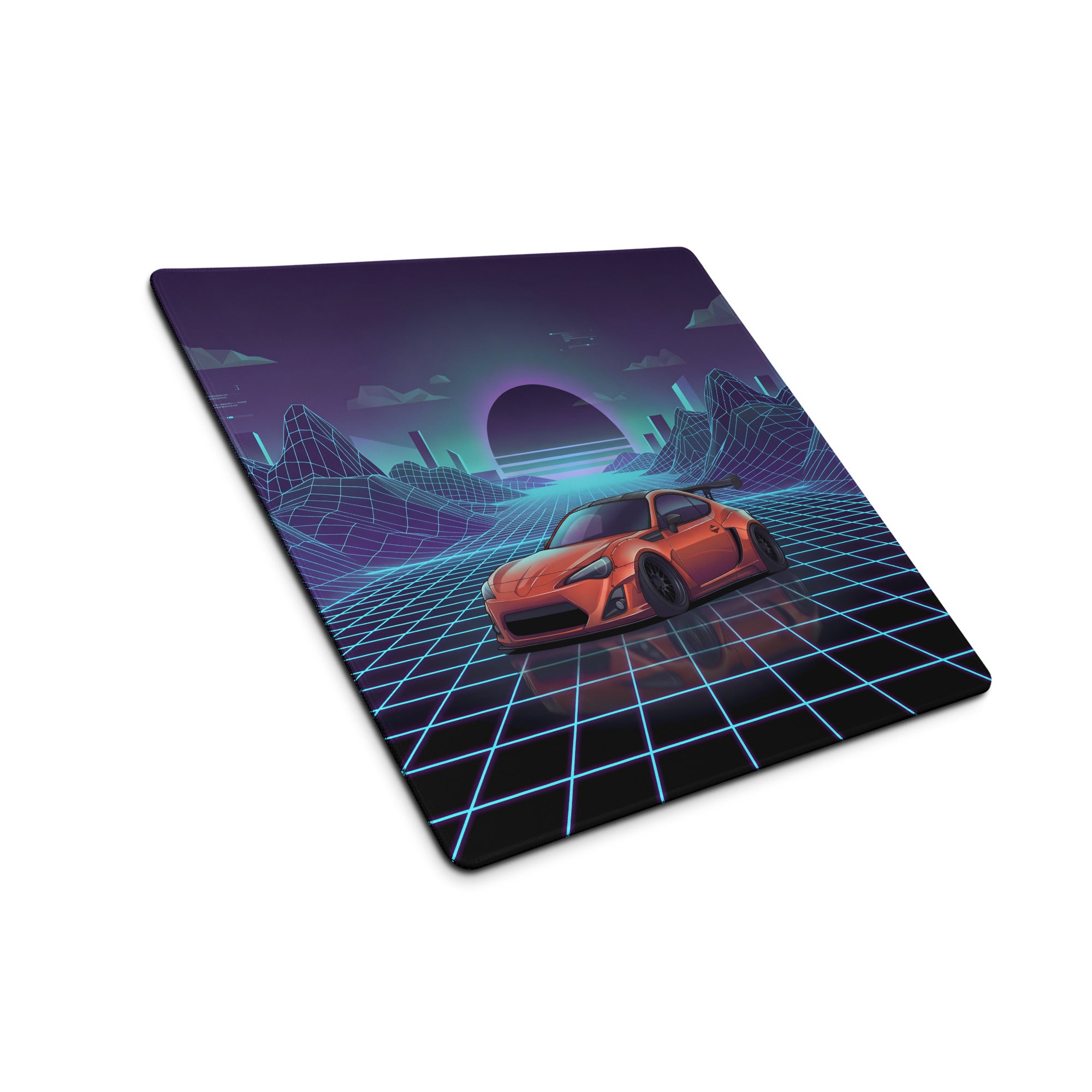 Toyota 86 Inspired Orange Blue Vaporwave Gaming Mouse Pad, Neon JDM Sports Car Desk Mat with Retro Futuristic Cyber Grid Mountain Artwork