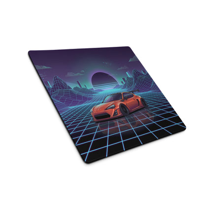 Toyota 86 Inspired Orange Blue Vaporwave Gaming Mouse Pad, Neon JDM Sports Car Desk Mat with Retro Futuristic Cyber Grid Mountain Artwork