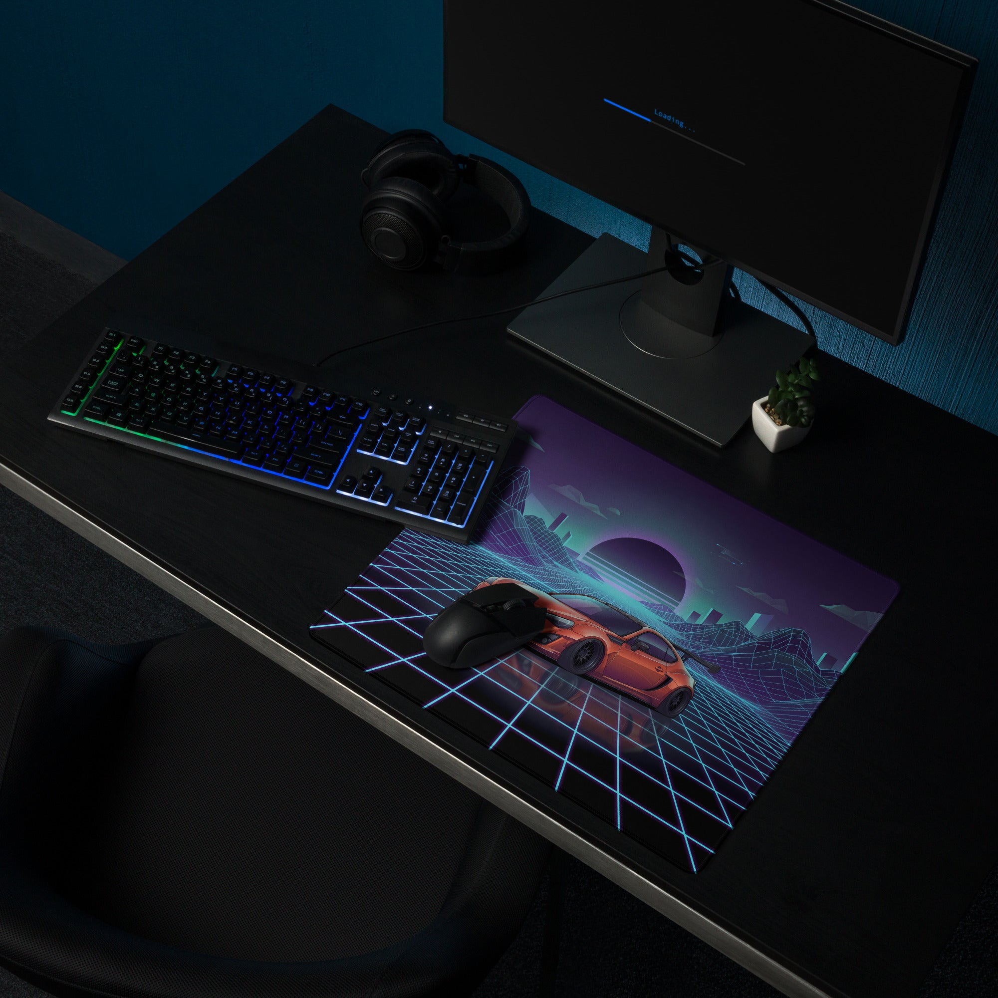 Toyota 86 Inspired Orange Blue Vaporwave Gaming Mouse Pad, Neon JDM Sports Car Desk Mat with Retro Futuristic Cyber Grid Mountain Artwork