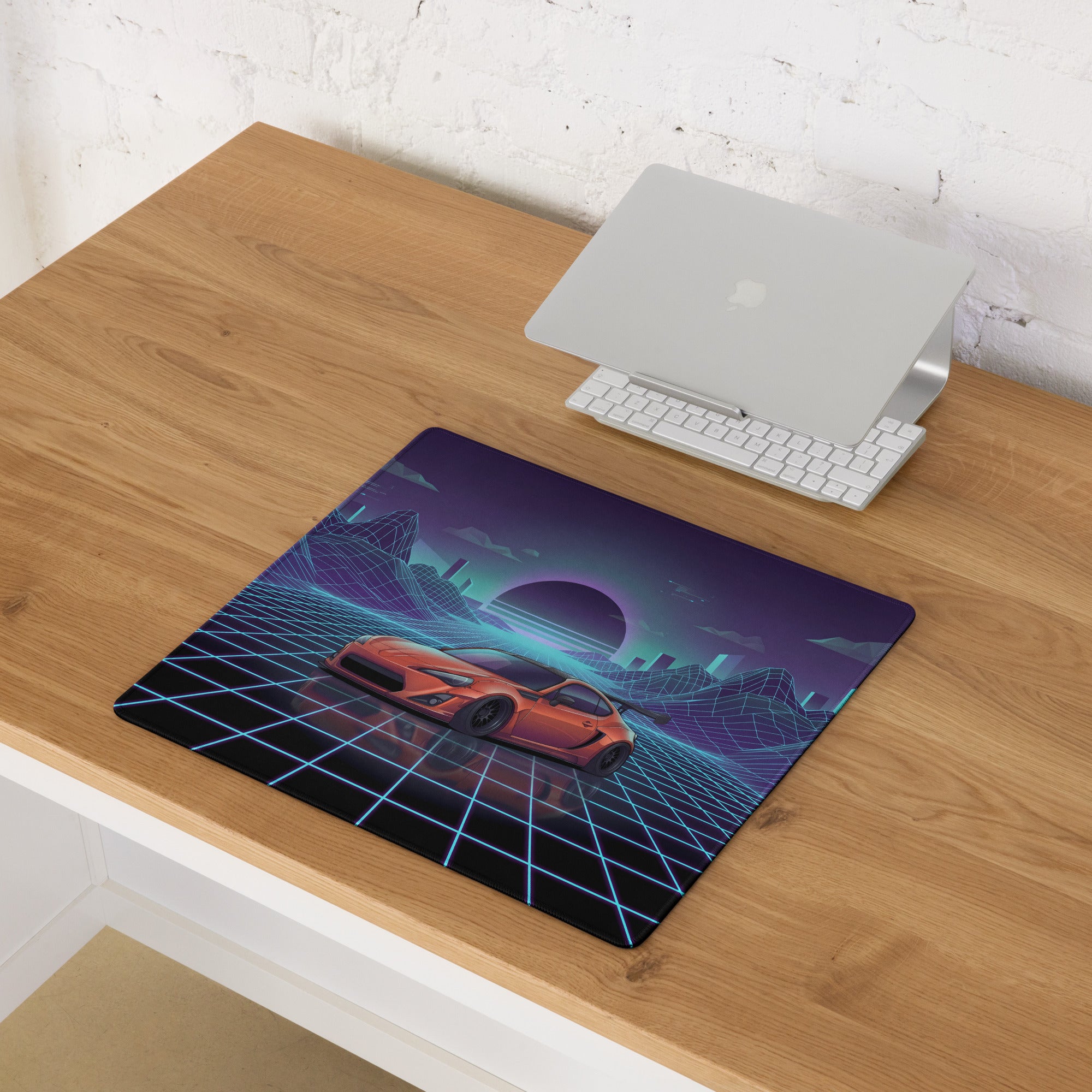 Toyota 86 Inspired Orange Blue Vaporwave Gaming Mouse Pad, Neon JDM Sports Car Desk Mat with Retro Futuristic Cyber Grid Mountain Artwork