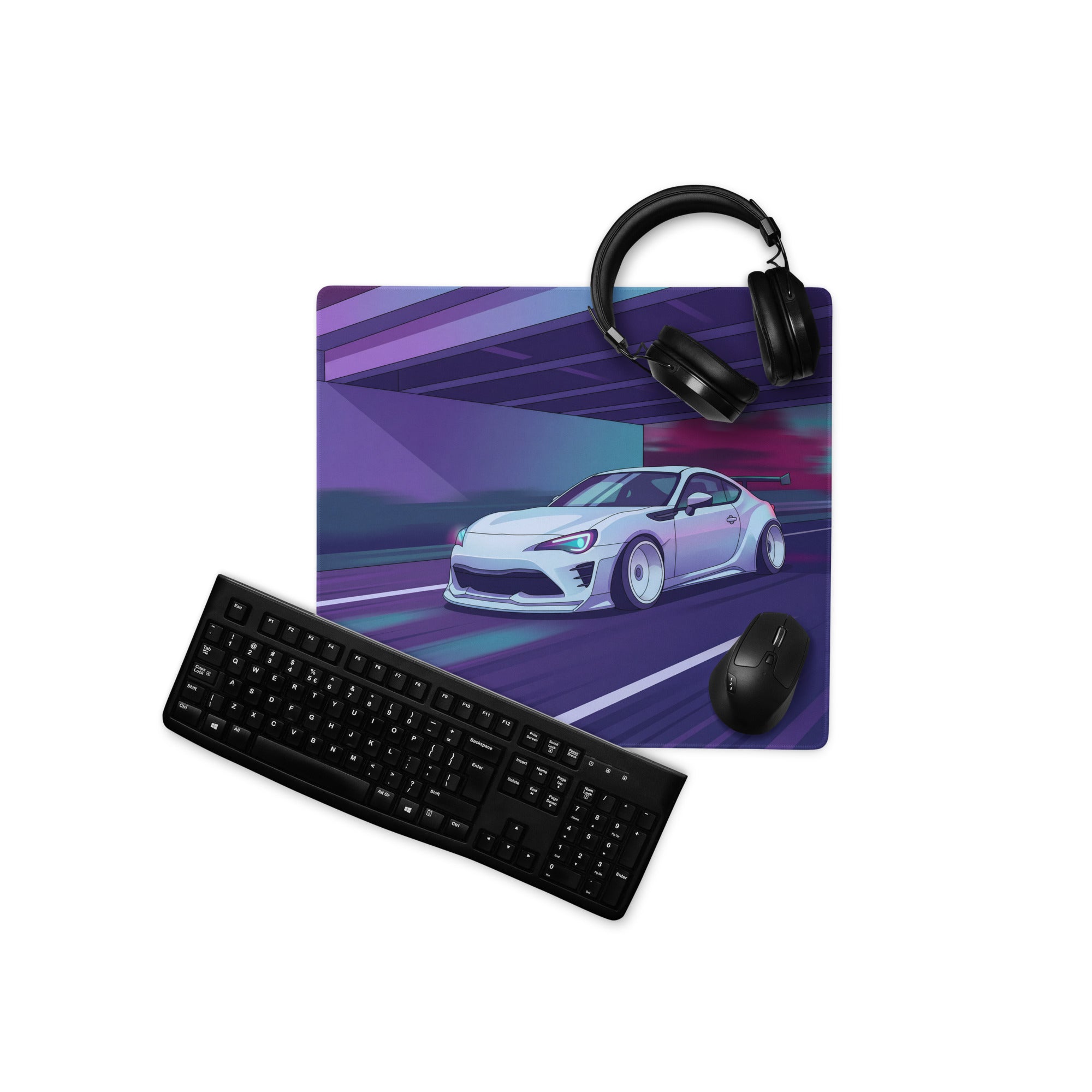 Toyota 86 Inspired White Purple Vaporwave Gaming Mouse Pad, Neon JDM Sports Car Desk Mat with Retro Futuristic Highway City Artwork