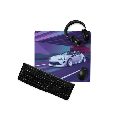 Toyota 86 Inspired White Purple Vaporwave Gaming Mouse Pad, Neon JDM Sports Car Desk Mat with Retro Futuristic Highway City Artwork