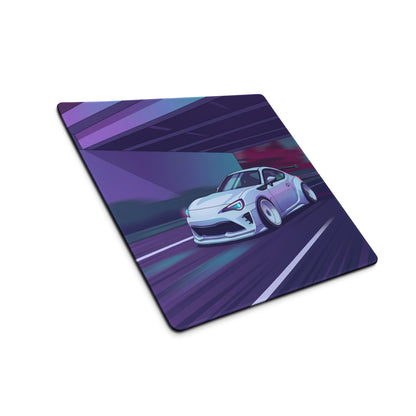 Toyota 86 Inspired White Purple Vaporwave Gaming Mouse Pad, Neon JDM Sports Car Desk Mat with Retro Futuristic Highway City Artwork