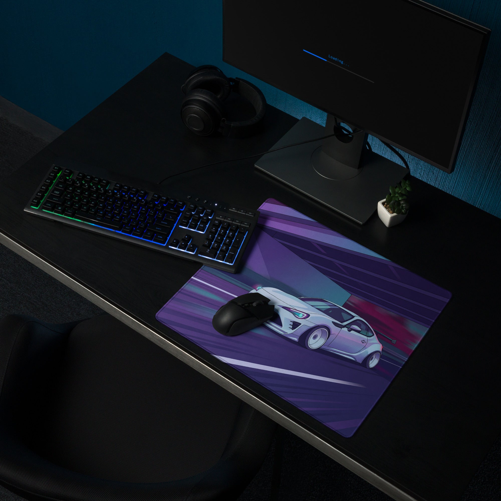 Toyota 86 Inspired White Purple Vaporwave Gaming Mouse Pad, Neon JDM Sports Car Desk Mat with Retro Futuristic Highway City Artwork