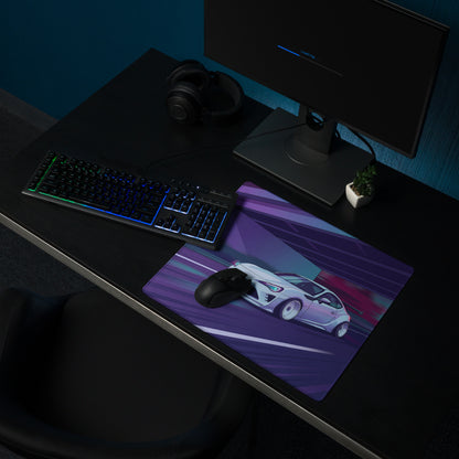 Toyota 86 Inspired White Purple Vaporwave Gaming Mouse Pad, Neon JDM Sports Car Desk Mat with Retro Futuristic Highway City Artwork