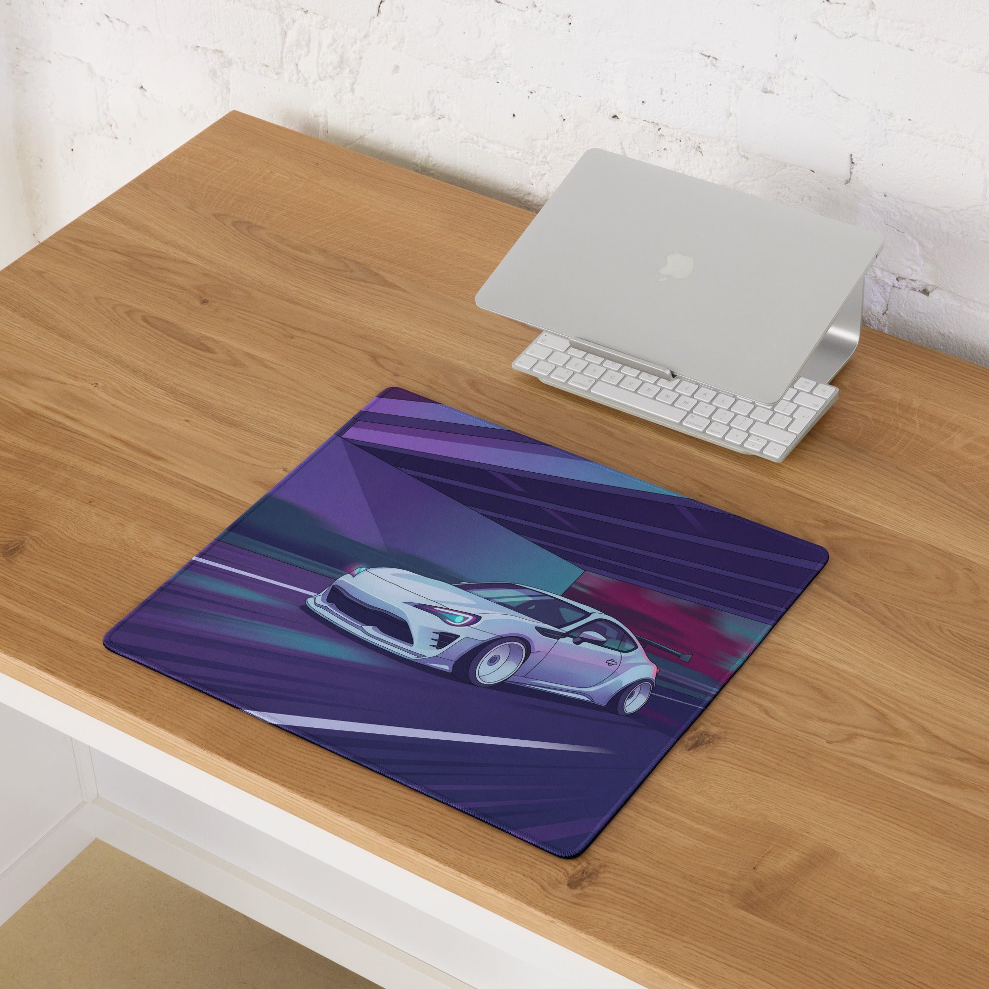 Toyota 86 Inspired White Purple Vaporwave Gaming Mouse Pad, Neon JDM Sports Car Desk Mat with Retro Futuristic Highway City Artwork