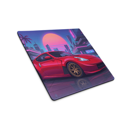 Nissan 370Z Z34 Inspired Red Pink Vaporwave Gaming Mouse Pad, Neon JDM Sports Car Desk Mat with Retro Futuristic Cyber City Artwork