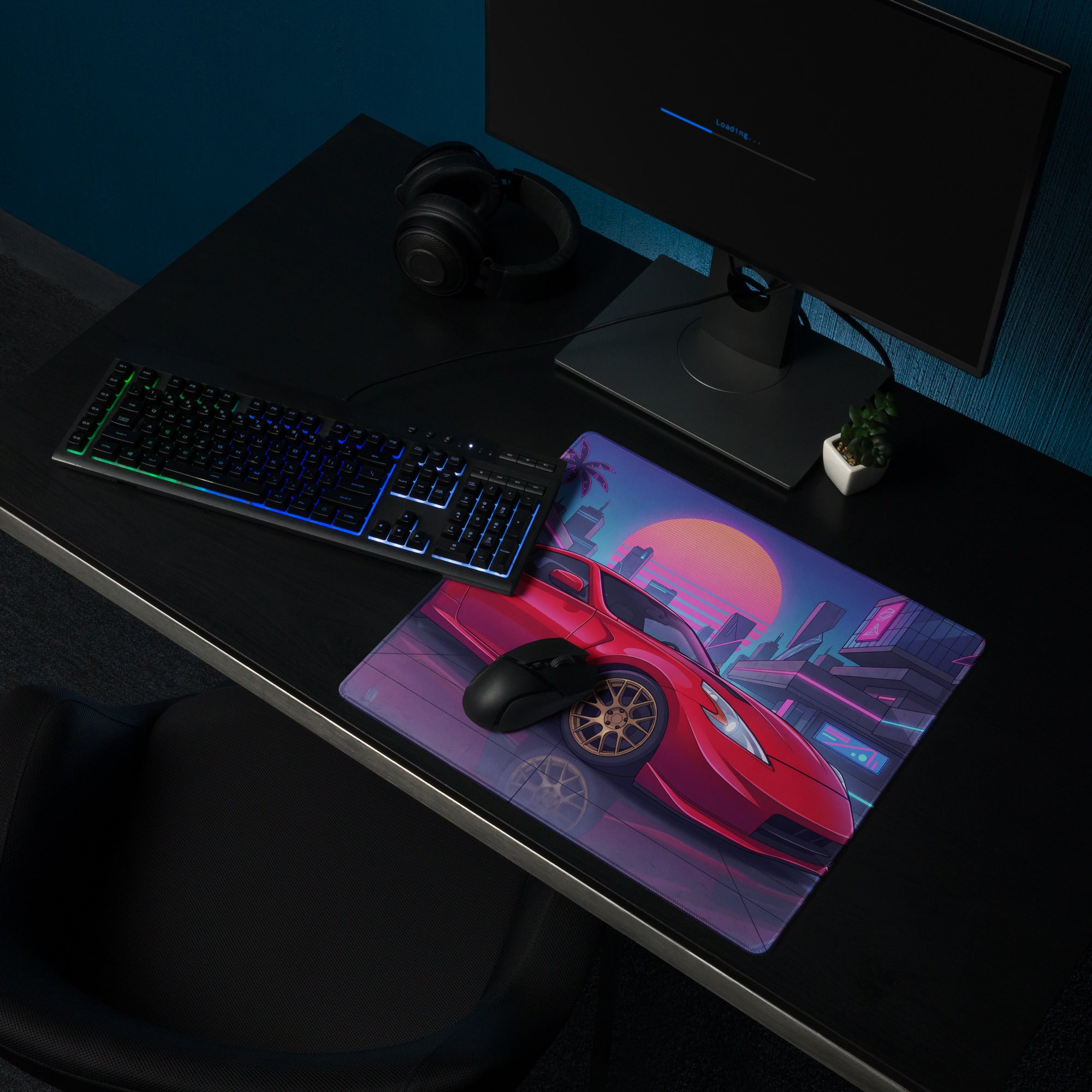 Nissan 370Z Z34 Inspired Red Pink Vaporwave Gaming Mouse Pad, Neon JDM Sports Car Desk Mat with Retro Futuristic Cyber City Artwork