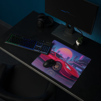 Nissan 370Z Z34 Inspired Red Pink Vaporwave Gaming Mouse Pad, Neon JDM Sports Car Desk Mat with Retro Futuristic Cyber City Artwork