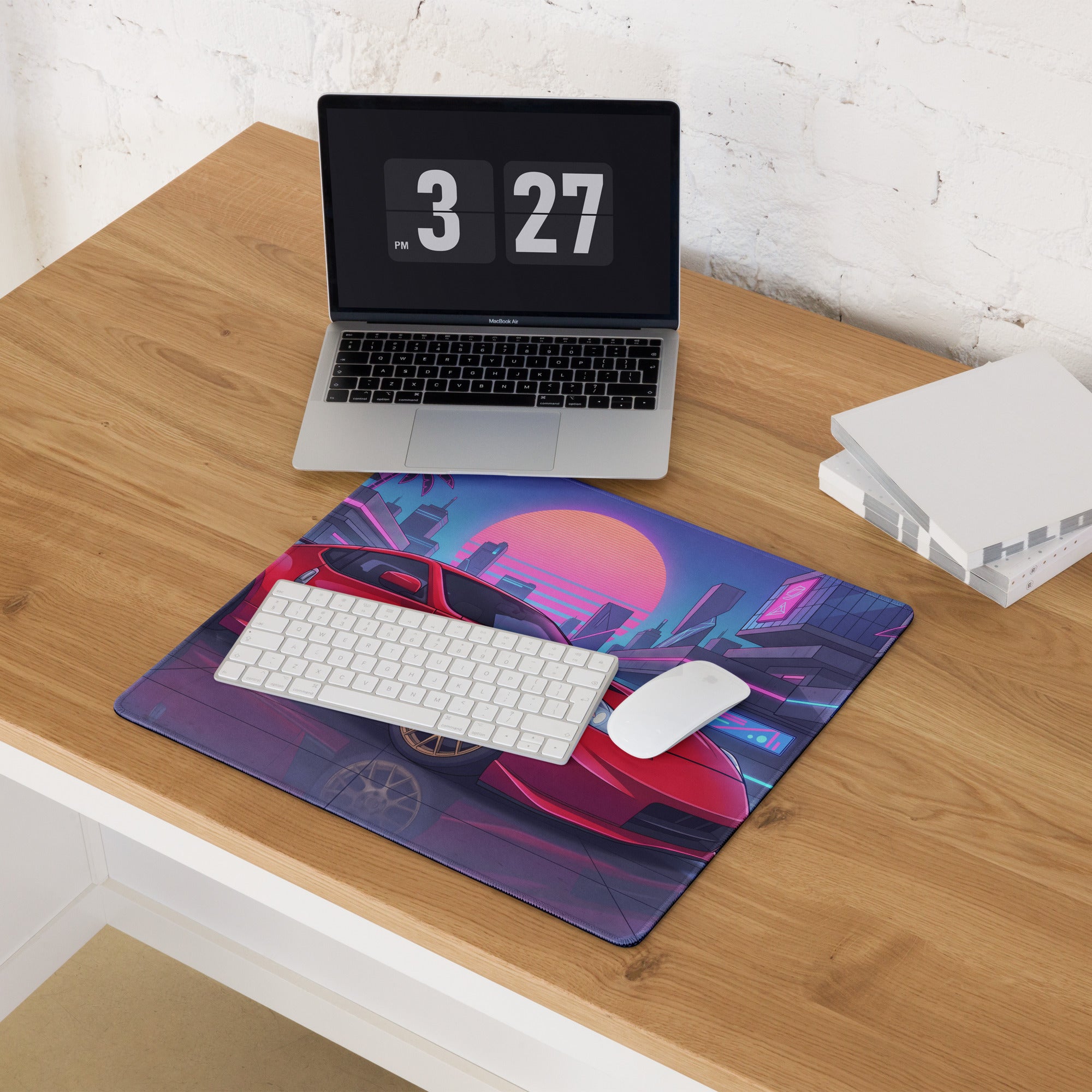 Nissan 370Z Z34 Inspired Red Pink Vaporwave Gaming Mouse Pad, Neon JDM Sports Car Desk Mat with Retro Futuristic Cyber City Artwork