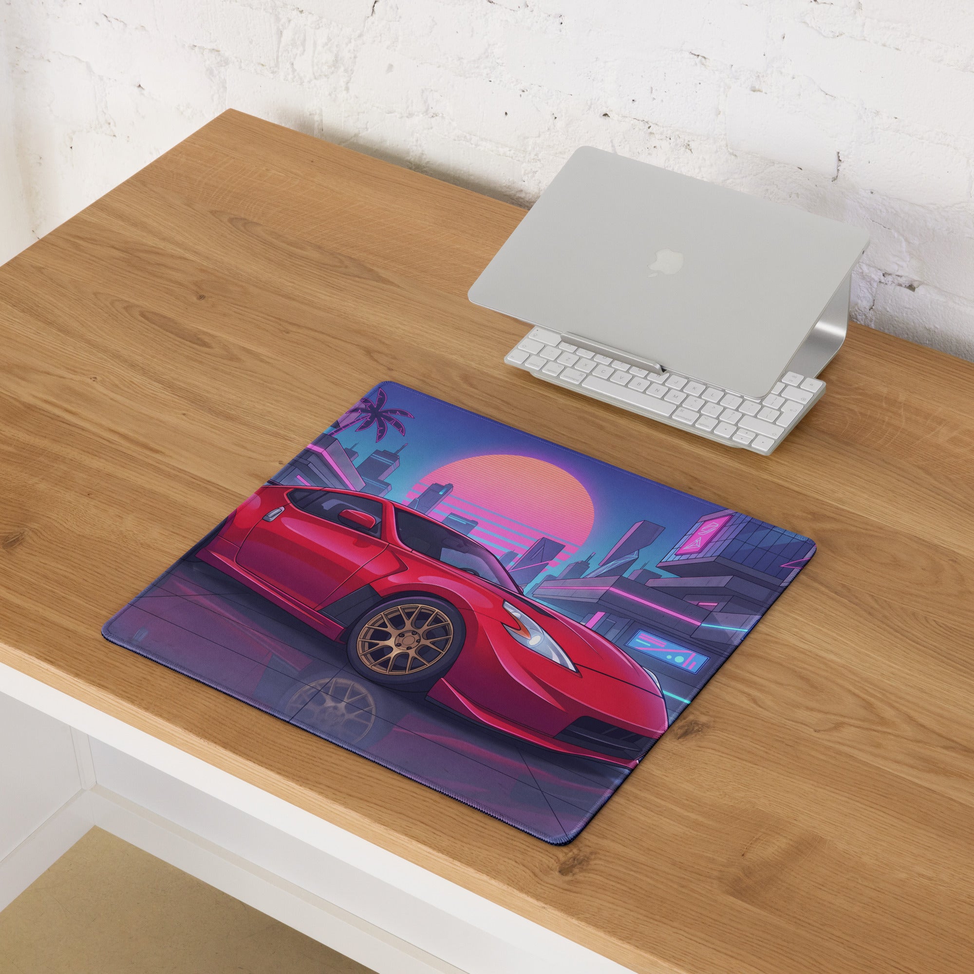 Nissan 370Z Z34 Inspired Red Pink Vaporwave Gaming Mouse Pad, Neon JDM Sports Car Desk Mat with Retro Futuristic Cyber City Artwork