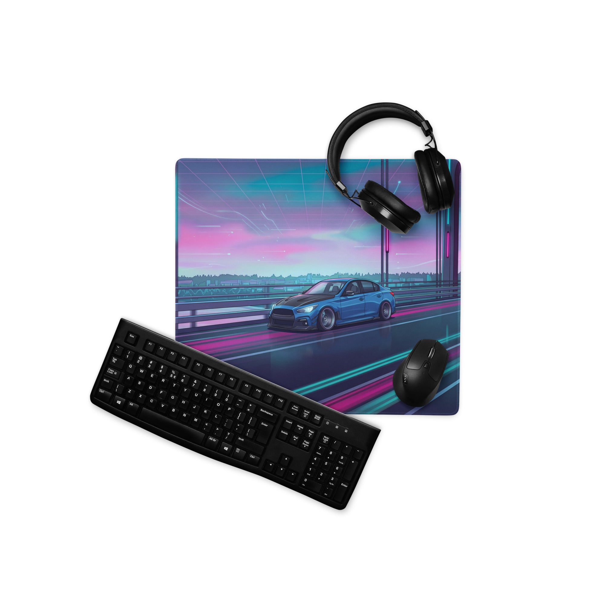 Infiniti Q50 Inspired Blue Pink Vaporwave Gaming Mouse Pad, Neon Japanese Luxury Sports Sedan Desk Mat with Retro Futuristic Bridge Artwork