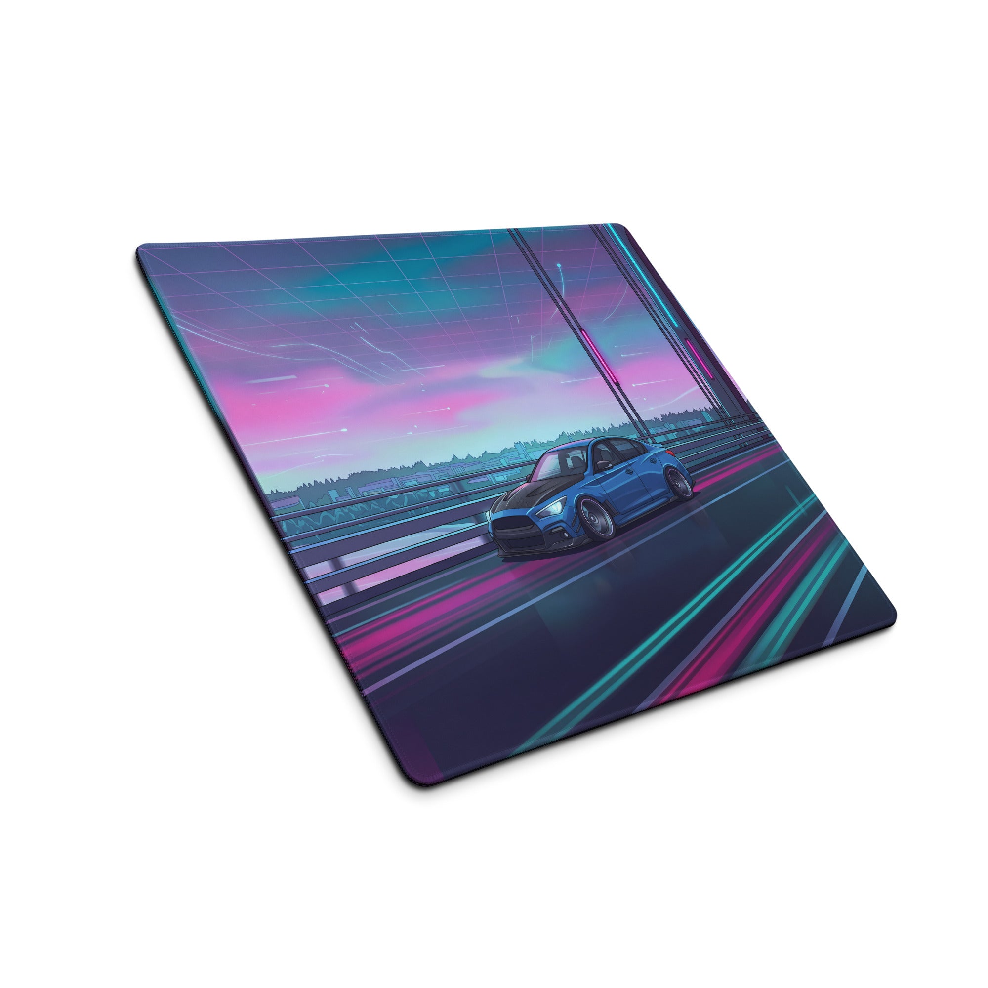 Infiniti Q50 Inspired Blue Pink Vaporwave Gaming Mouse Pad, Neon Japanese Luxury Sports Sedan Desk Mat with Retro Futuristic Bridge Artwork