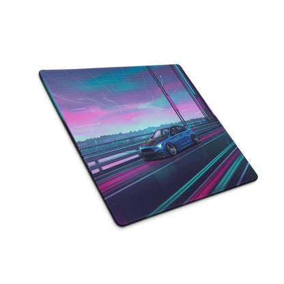 Infiniti Q50 Inspired Blue Pink Vaporwave Gaming Mouse Pad, Neon Japanese Luxury Sports Sedan Desk Mat with Retro Futuristic Bridge Artwork