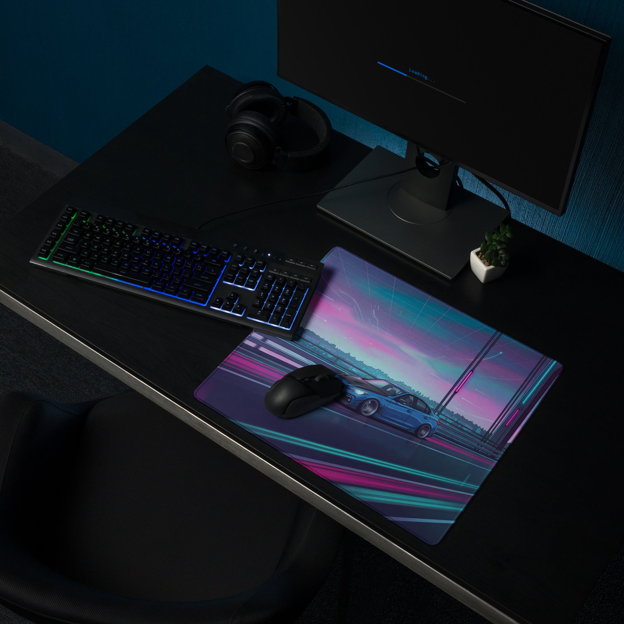 Infiniti Q50 Inspired Blue Pink Vaporwave Gaming Mouse Pad, Neon Japanese Luxury Sports Sedan Desk Mat with Retro Futuristic Bridge Artwork