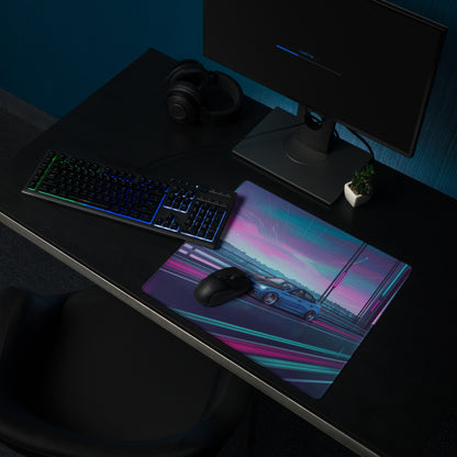 Infiniti Q50 Inspired Blue Pink Vaporwave Gaming Mouse Pad, Neon Japanese Luxury Sports Sedan Desk Mat with Retro Futuristic Bridge Artwork