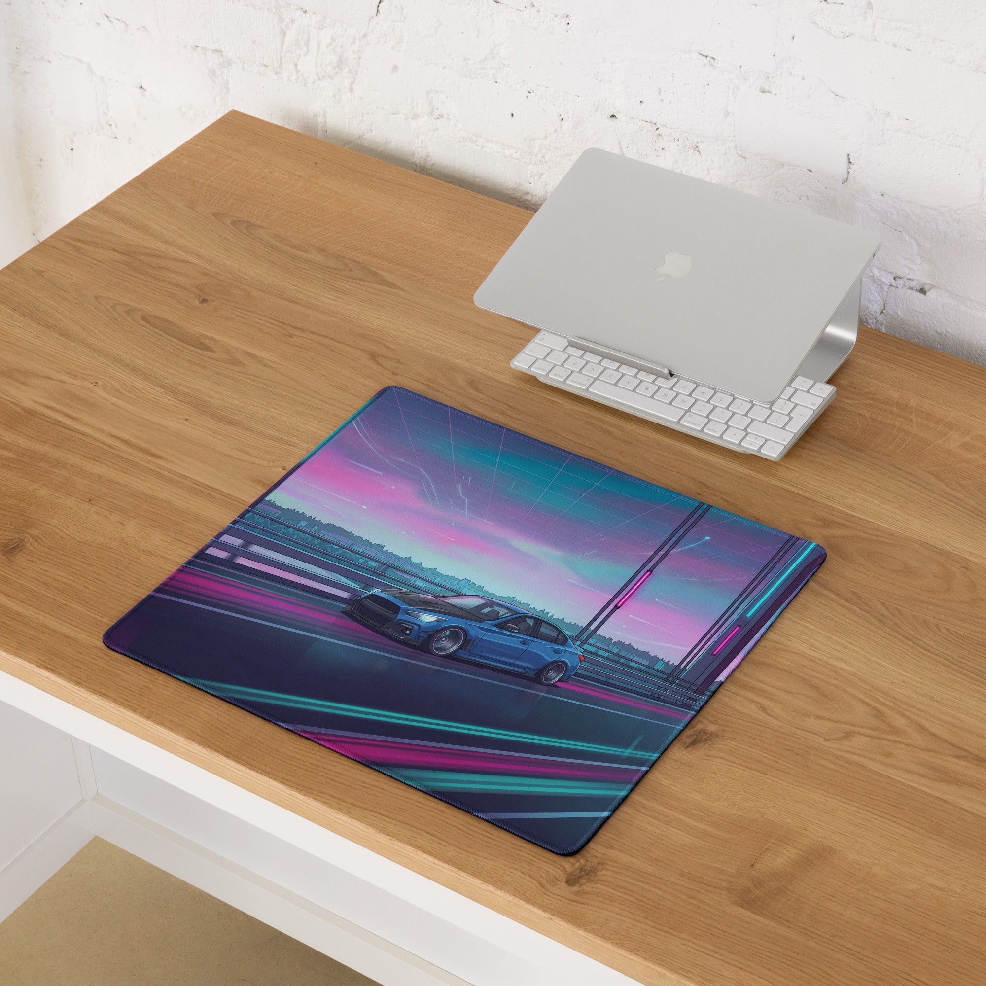 Infiniti Q50 Inspired Blue Pink Vaporwave Gaming Mouse Pad, Neon Japanese Luxury Sports Sedan Desk Mat with Retro Futuristic Bridge Artwork