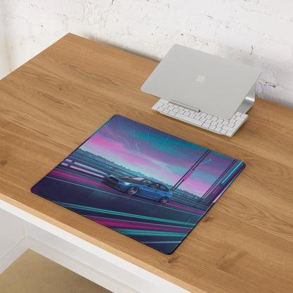 Infiniti Q50 Inspired Blue Pink Vaporwave Gaming Mouse Pad, Neon Japanese Luxury Sports Sedan Desk Mat with Retro Futuristic Bridge Artwork