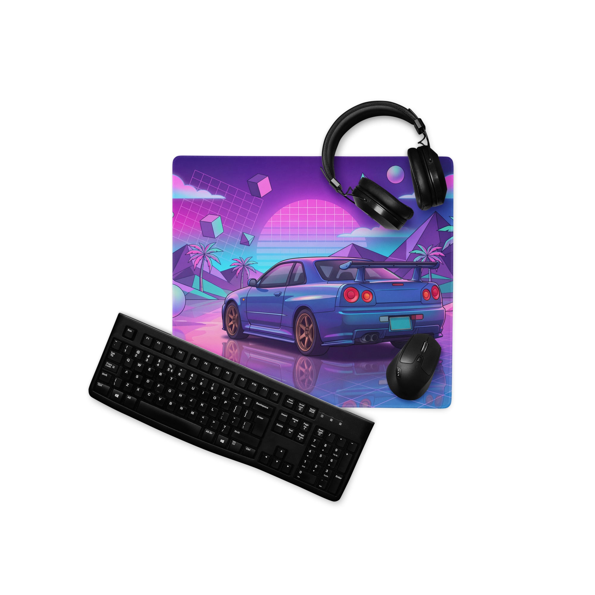Nissan Skyline GT-R R34 Inspired Blue Pink Vaporwave Gaming Mouse Pad, Neon JDM Sports Car Desk Mat with Retro Futuristic Tropical Grid Artwork