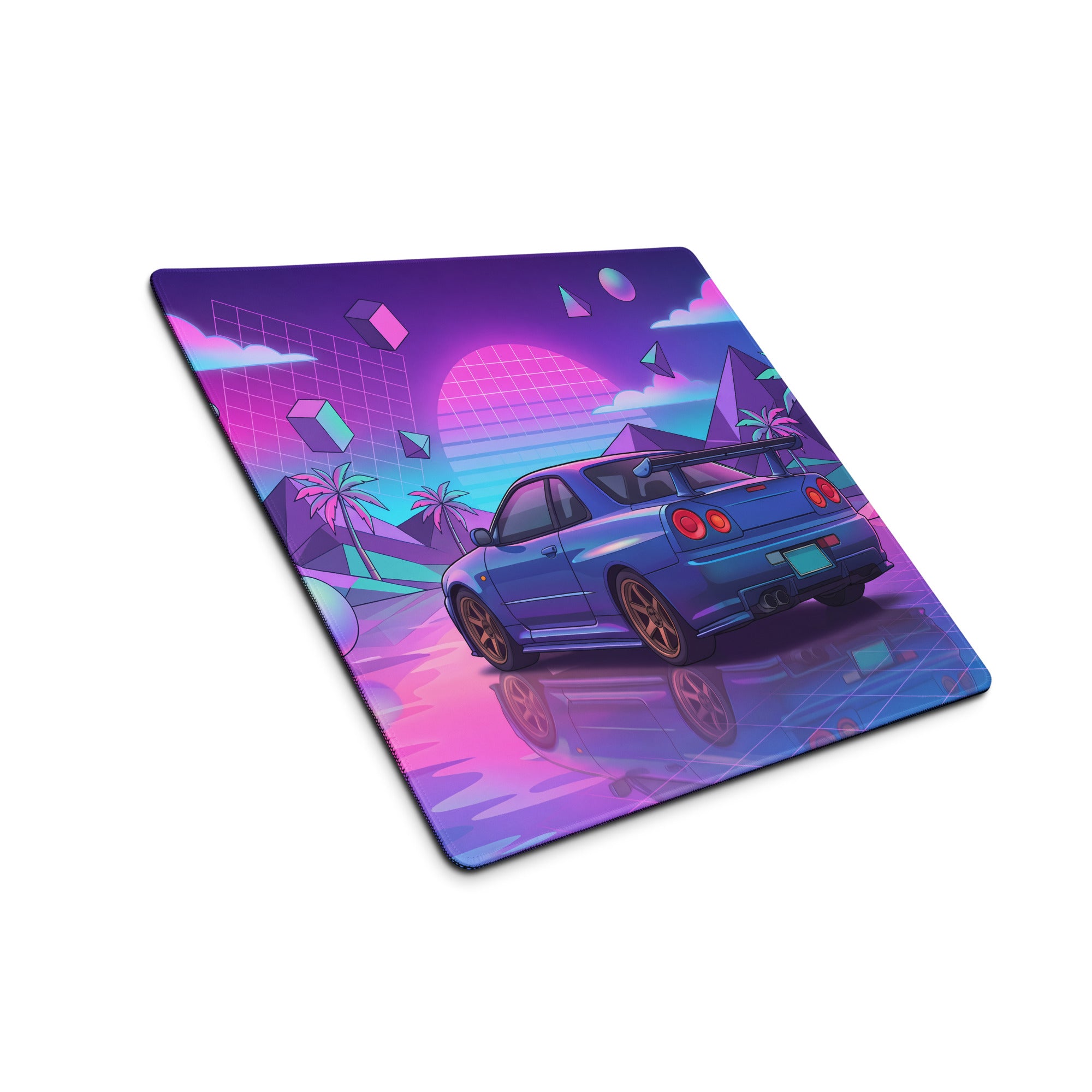 Nissan Skyline GT-R R34 Inspired Blue Pink Vaporwave Gaming Mouse Pad, Neon JDM Sports Car Desk Mat with Retro Futuristic Tropical Grid Artwork