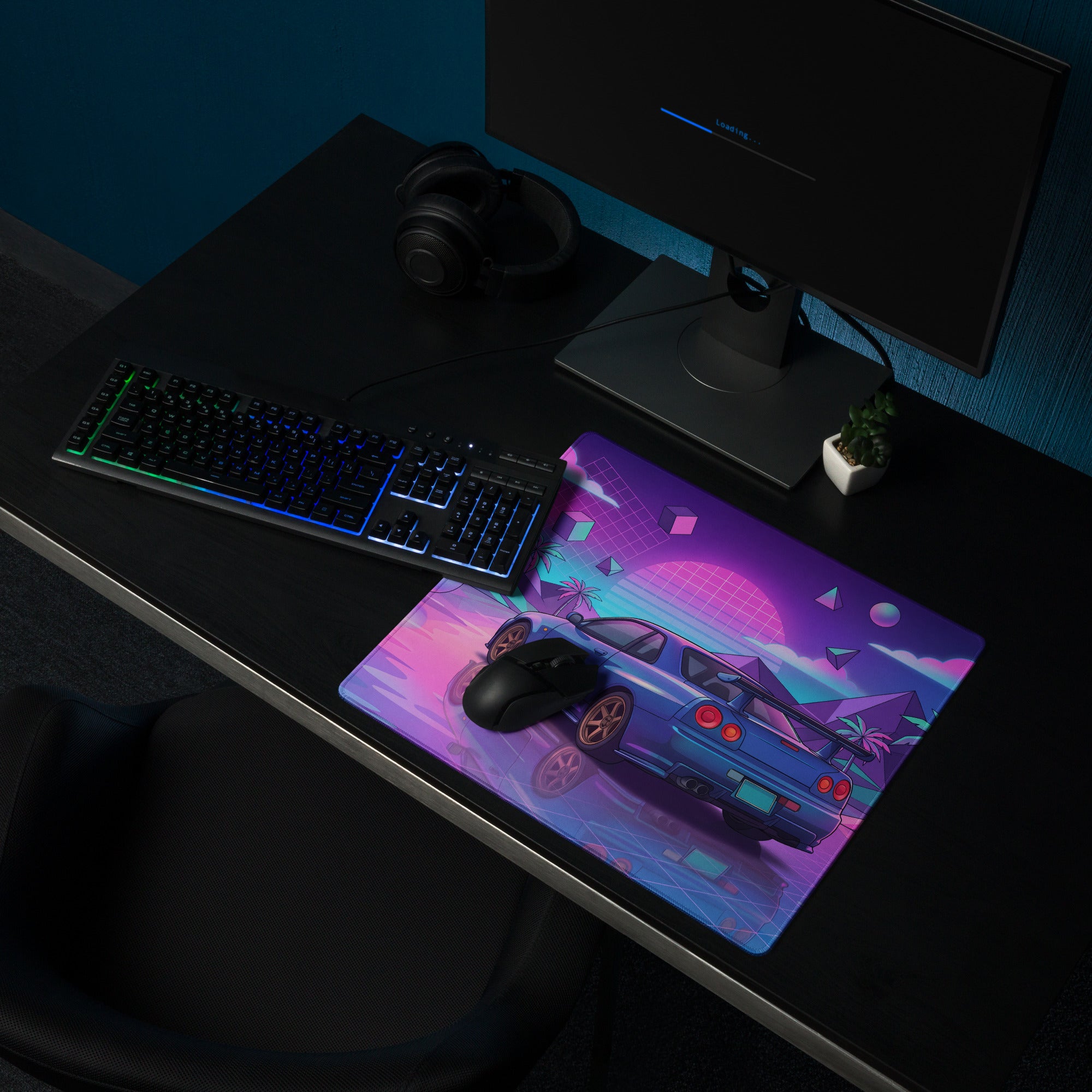 Nissan Skyline GT-R R34 Inspired Blue Pink Vaporwave Gaming Mouse Pad, Neon JDM Sports Car Desk Mat with Retro Futuristic Tropical Grid Artwork