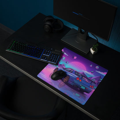 Nissan Skyline GT-R R34 Inspired Blue Pink Vaporwave Gaming Mouse Pad, Neon JDM Sports Car Desk Mat with Retro Futuristic Tropical Grid Artwork