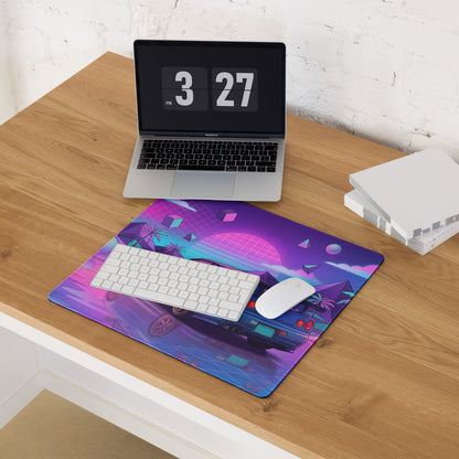 Nissan Skyline GT-R R34 Inspired Blue Pink Vaporwave Gaming Mouse Pad, Neon JDM Sports Car Desk Mat with Retro Futuristic Tropical Grid Artwork
