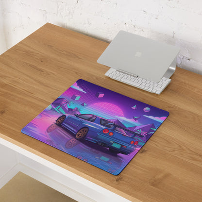 Nissan Skyline GT-R R34 Inspired Blue Pink Vaporwave Gaming Mouse Pad, Neon JDM Sports Car Desk Mat with Retro Futuristic Tropical Grid Artwork