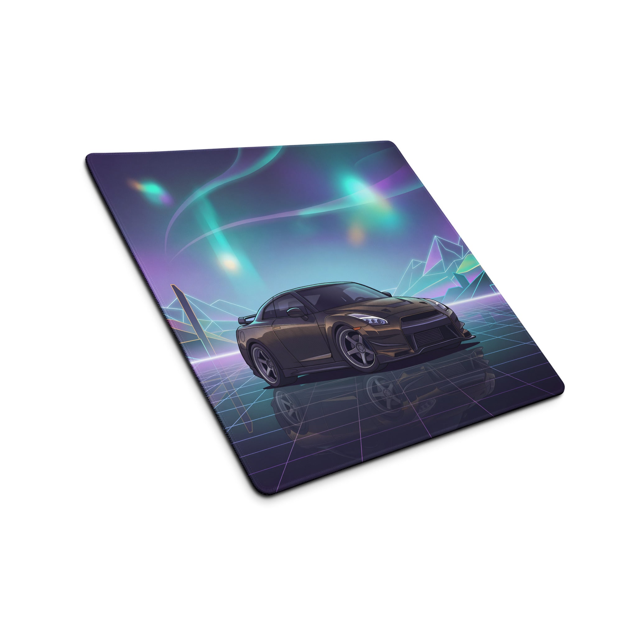 Nissan GT-R R35 Inspired Bronze Purple Vaporwave Gaming Mouse Pad, Neon JDM Supercar Desk Mat with Retro Futuristic Cyber City Artwork