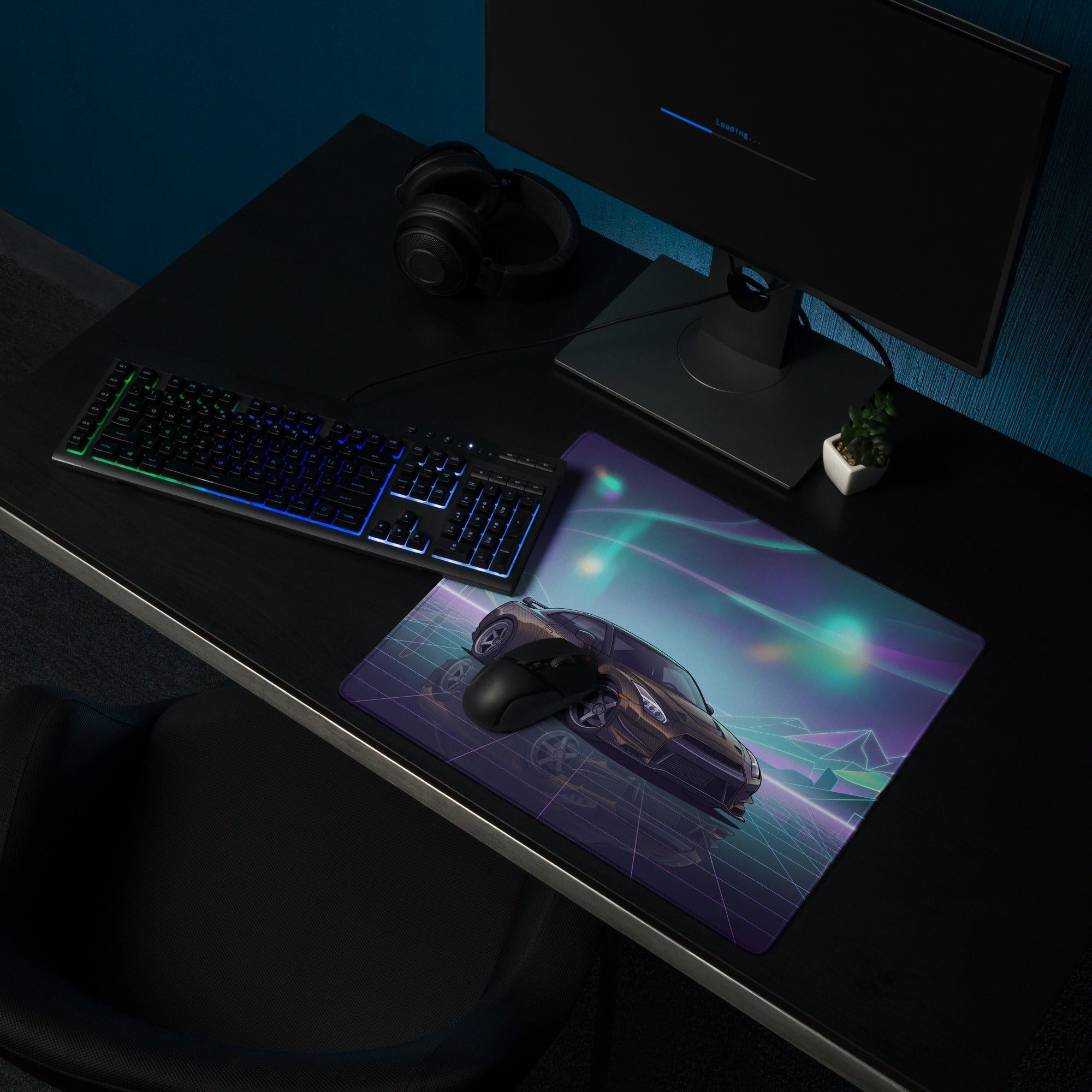 Nissan GT-R R35 Inspired Bronze Purple Vaporwave Gaming Mouse Pad, Neon JDM Supercar Desk Mat with Retro Futuristic Cyber City Artwork