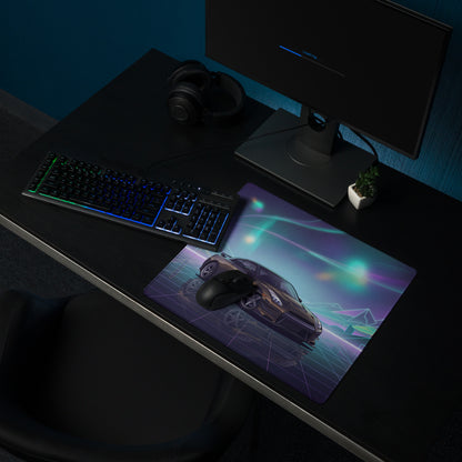 Nissan GT-R R35 Inspired Bronze Purple Vaporwave Gaming Mouse Pad, Neon JDM Supercar Desk Mat with Retro Futuristic Cyber City Artwork