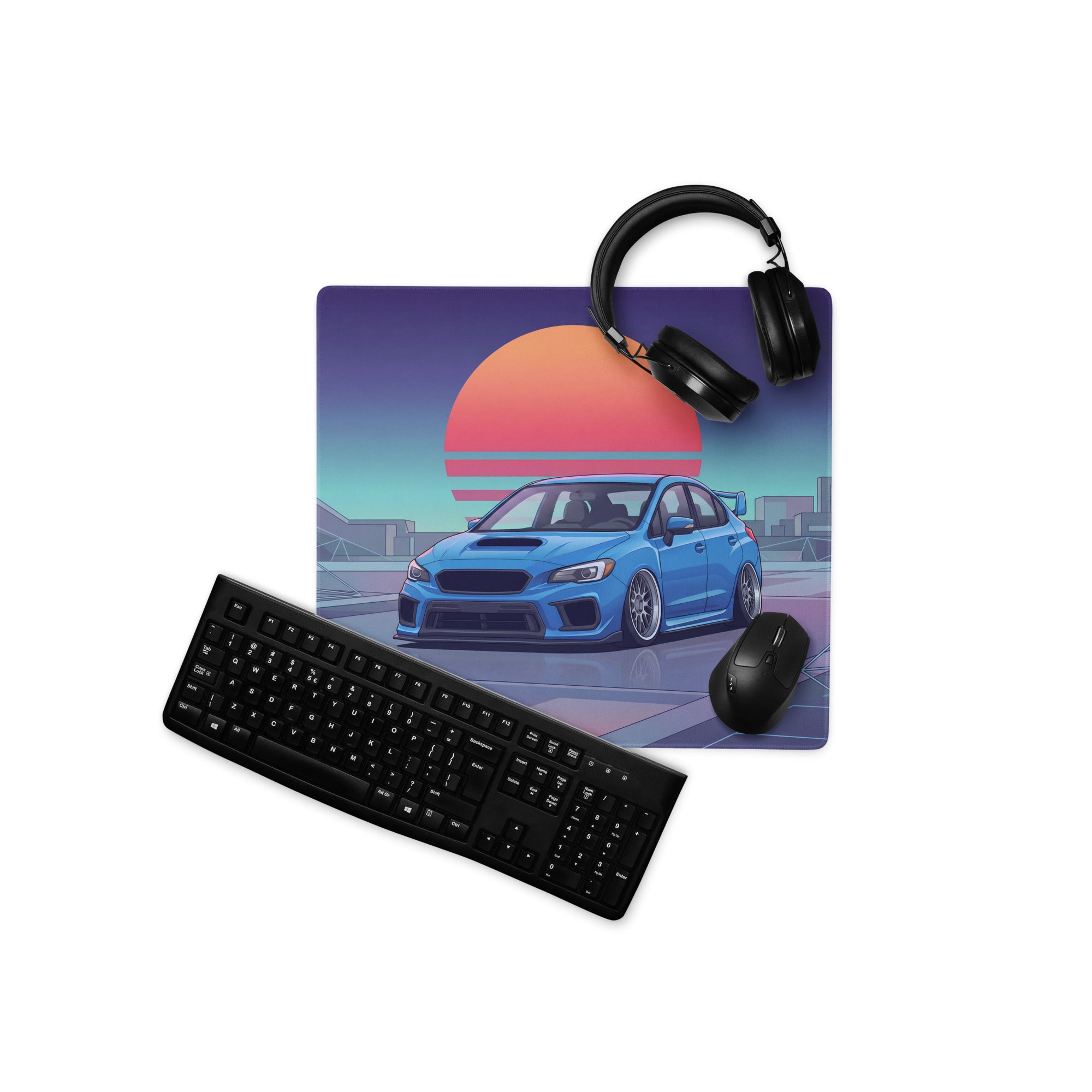 Subaru WRX STI VA Inspired Blue Orange Vaporwave Gaming Mouse Pad, Neon JDM Rally Car Desk Mat with Retro Futuristic City Sunset Artwork