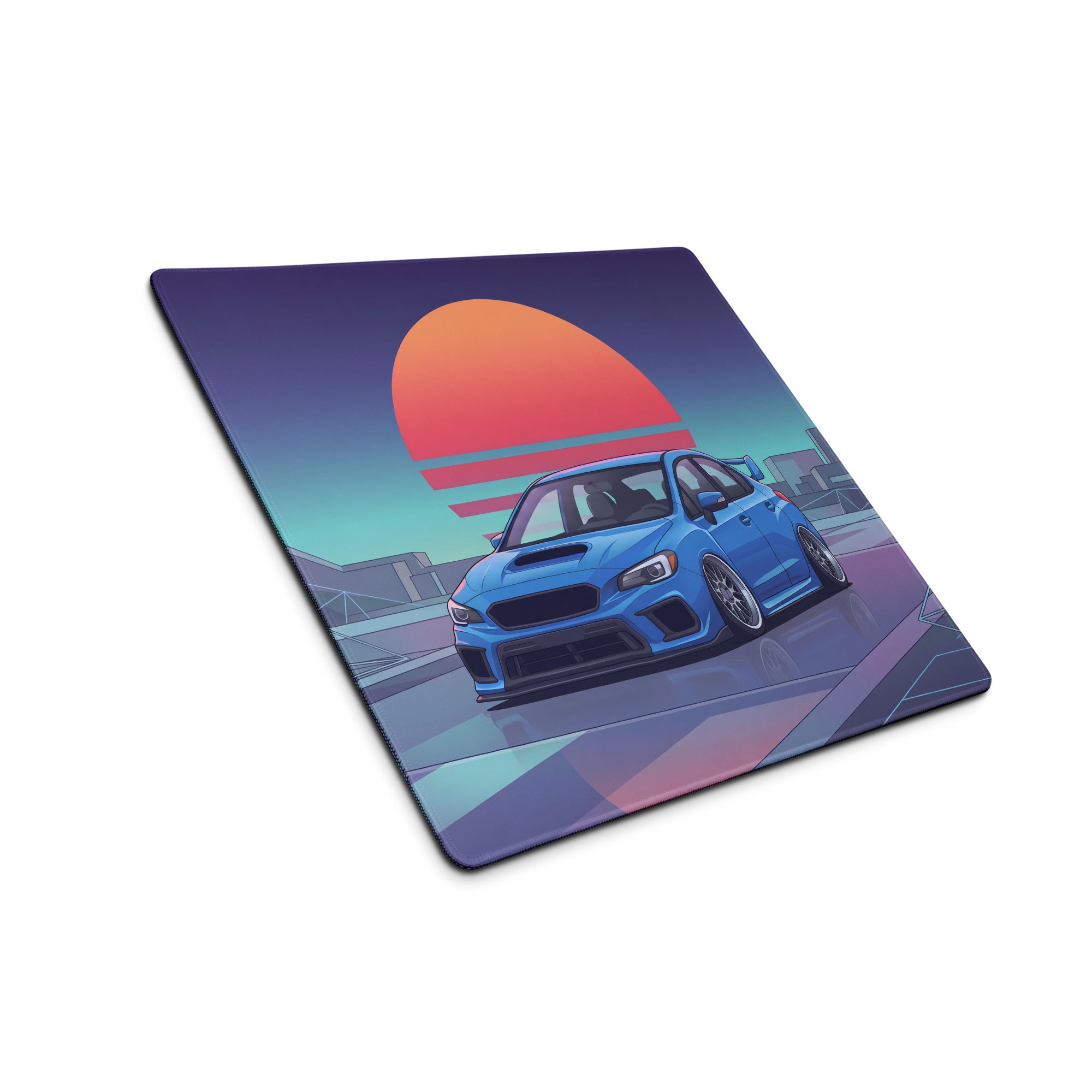Subaru WRX STI VA Inspired Blue Orange Vaporwave Gaming Mouse Pad, Neon JDM Rally Car Desk Mat with Retro Futuristic City Sunset Artwork