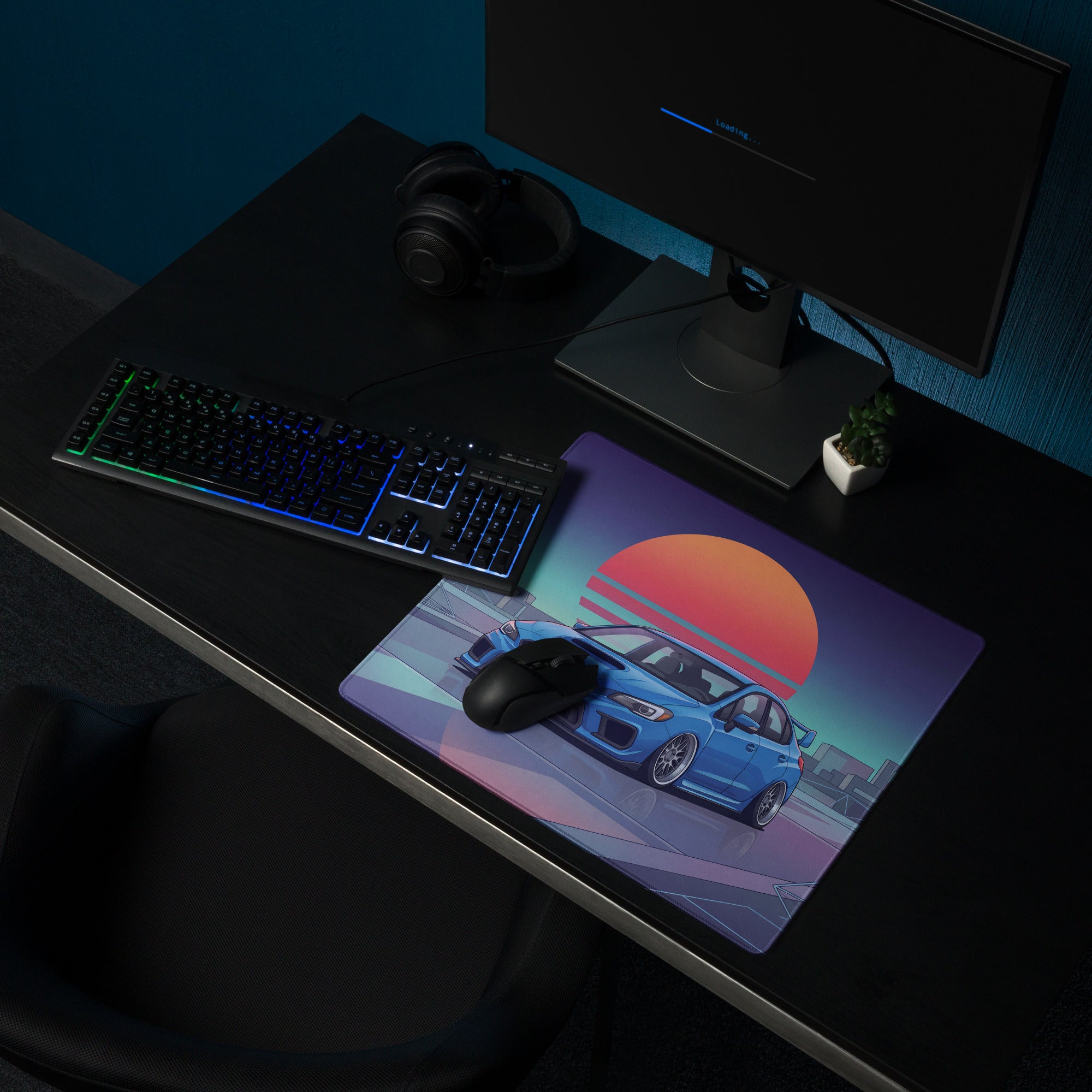 Subaru WRX STI VA Inspired Blue Orange Vaporwave Gaming Mouse Pad, Neon JDM Rally Car Desk Mat with Retro Futuristic City Sunset Artwork