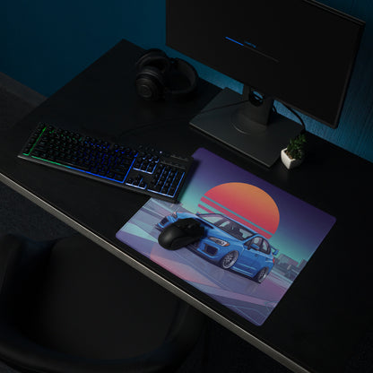 Subaru WRX STI VA Inspired Blue Orange Vaporwave Gaming Mouse Pad, Neon JDM Rally Car Desk Mat with Retro Futuristic City Sunset Artwork