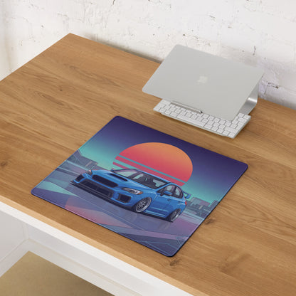 Subaru WRX STI VA Inspired Blue Orange Vaporwave Gaming Mouse Pad, Neon JDM Rally Car Desk Mat with Retro Futuristic City Sunset Artwork
