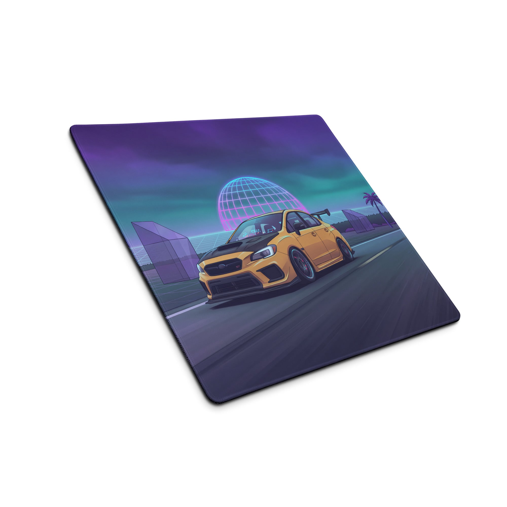 Subaru WRX STI VA Inspired Yellow Purple Vaporwave Gaming Mouse Pad, Neon JDM Rally Car Desk Mat with Retro Futuristic Highway Sunset Artwork