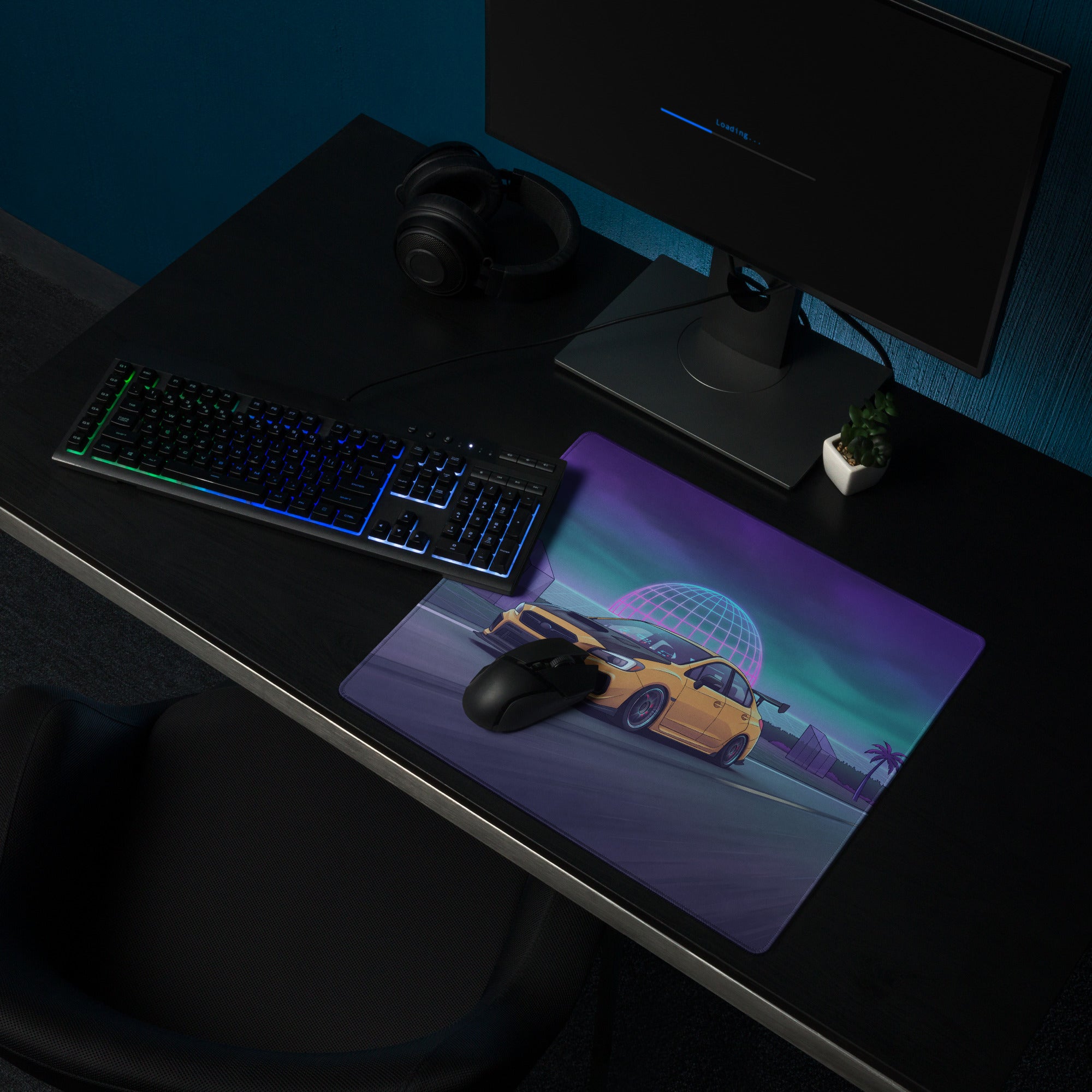 Subaru WRX STI VA Inspired Yellow Purple Vaporwave Gaming Mouse Pad, Neon JDM Rally Car Desk Mat with Retro Futuristic Highway Sunset Artwork
