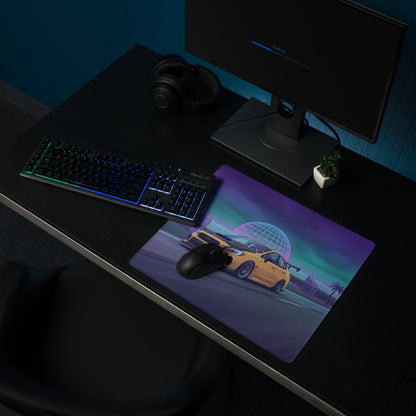 Subaru WRX STI VA Inspired Yellow Purple Vaporwave Gaming Mouse Pad, Neon JDM Rally Car Desk Mat with Retro Futuristic Highway Sunset Artwork