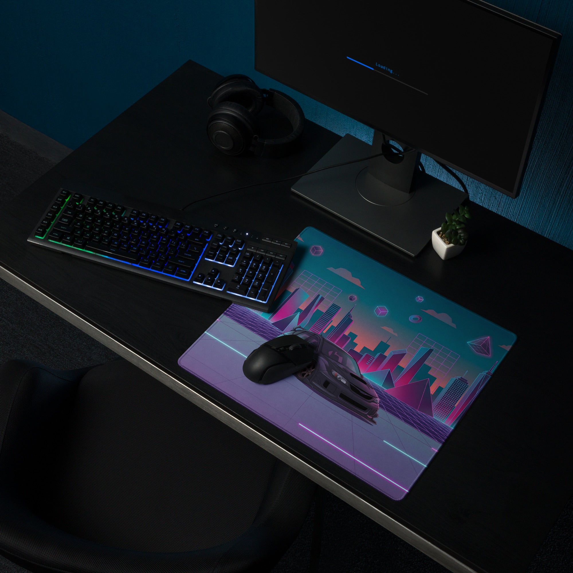 Subaru Impreza WRX STI Hatchback Inspired Black Pink Vaporwave Gaming Mouse Pad, Neon JDM Rally Car Desk Mat with Retro Futuristic Cyber City Artwork