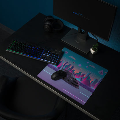 Subaru Impreza WRX STI Hatchback Inspired Black Pink Vaporwave Gaming Mouse Pad, Neon JDM Rally Car Desk Mat with Retro Futuristic Cyber City Artwork