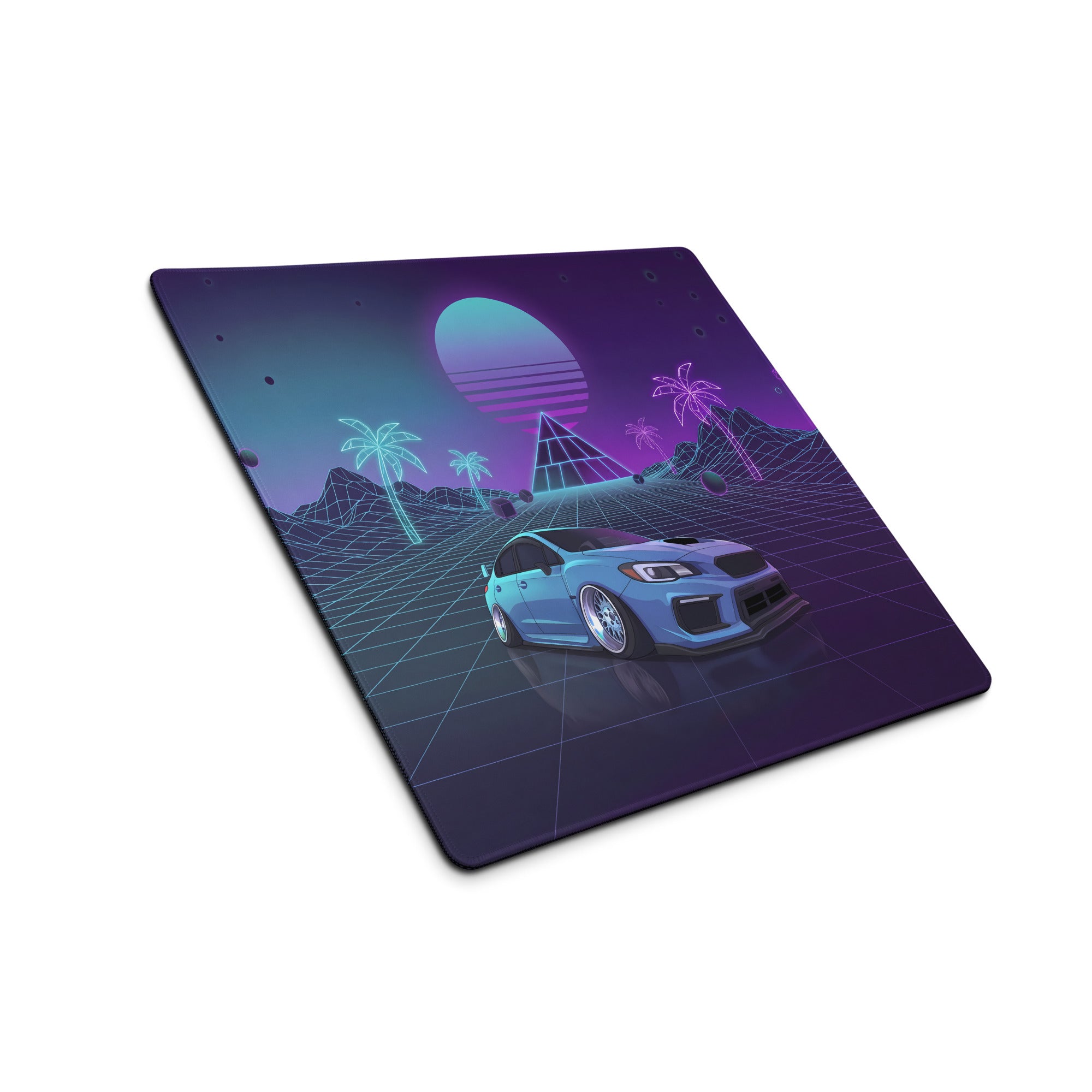 Subaru WRX STI VA Inspired Blue Purple Vaporwave Gaming Mouse Pad, Neon JDM Rally Car Desk Mat with Retro Futuristic Palm Grid Artwork