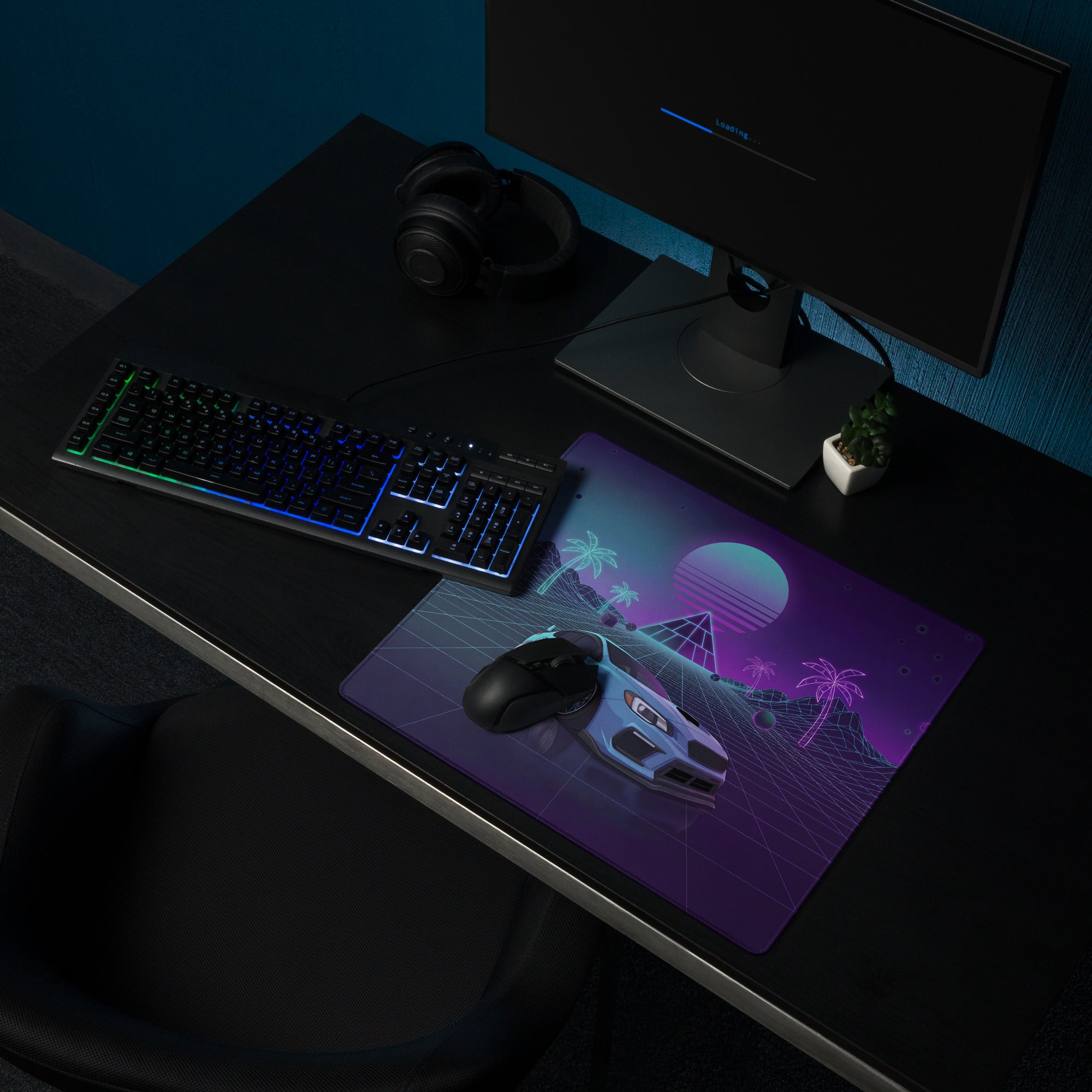 Subaru WRX STI VA Inspired Blue Purple Vaporwave Gaming Mouse Pad, Neon JDM Rally Car Desk Mat with Retro Futuristic Palm Grid Artwork