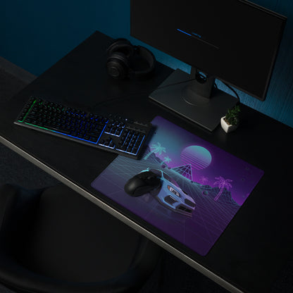 Subaru WRX STI VA Inspired Blue Purple Vaporwave Gaming Mouse Pad, Neon JDM Rally Car Desk Mat with Retro Futuristic Palm Grid Artwork